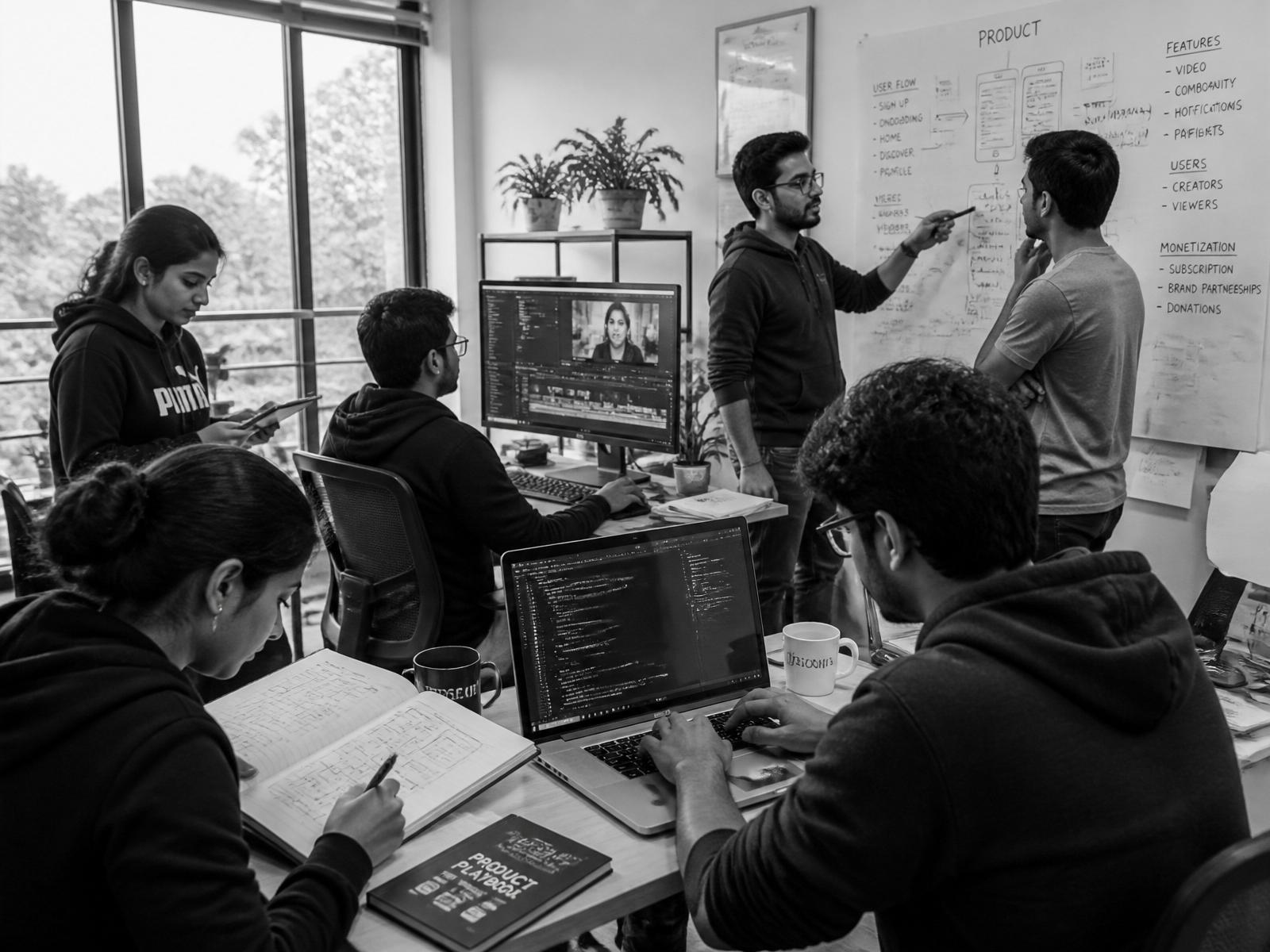 Indian students collaborating in a Calibr studio — coding, sketching, editing, mentoring