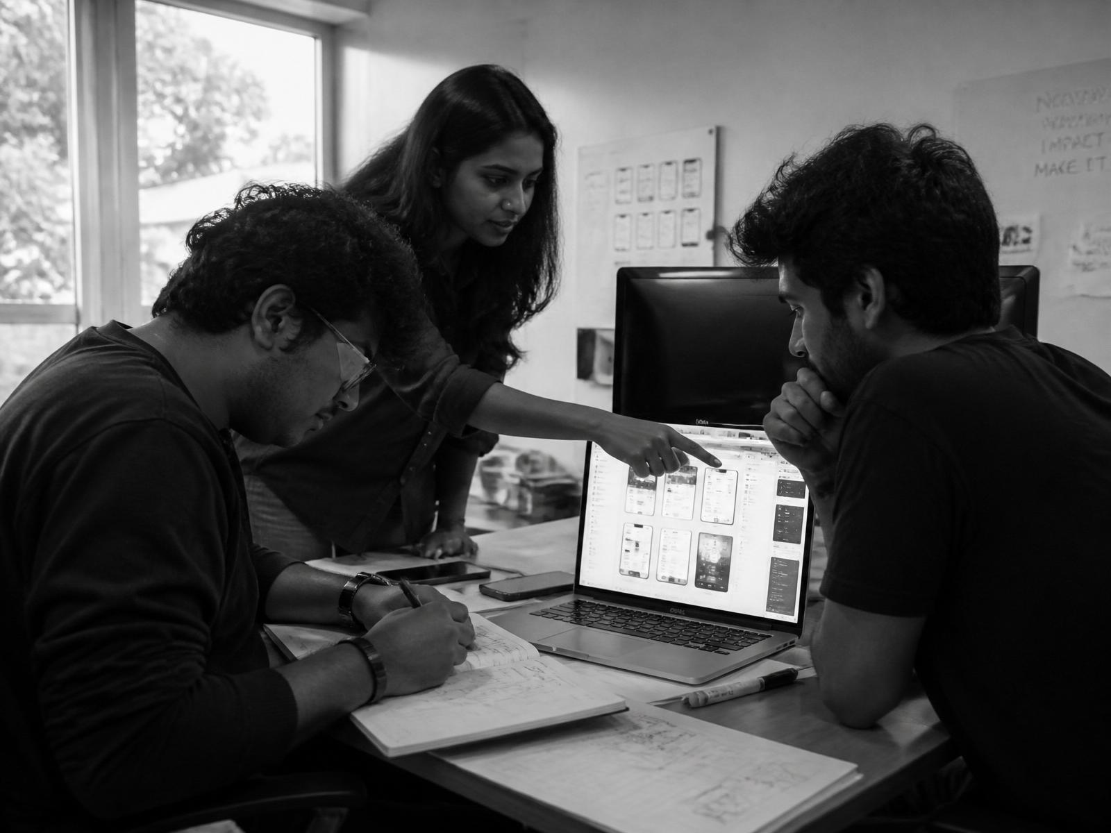 Young Indian designers reviewing a mobile UI on a laptop