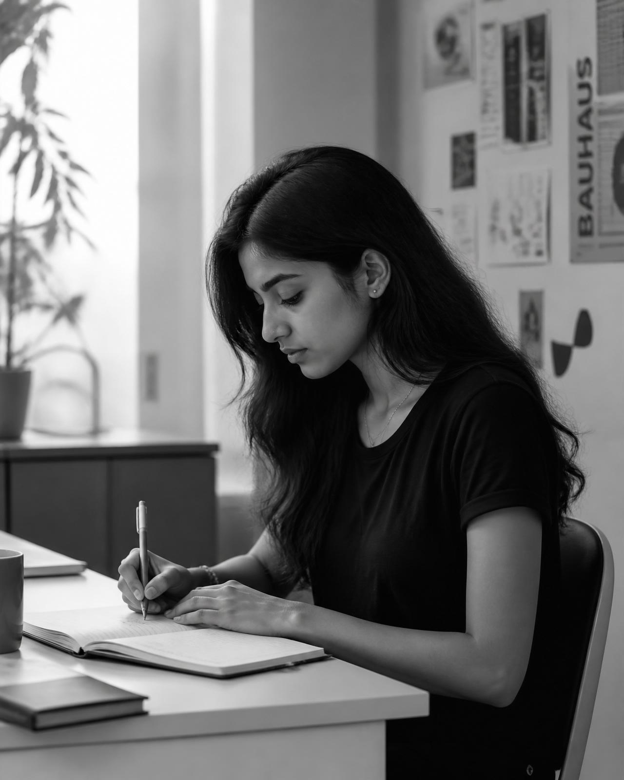 Young woman focused at her desk, writing