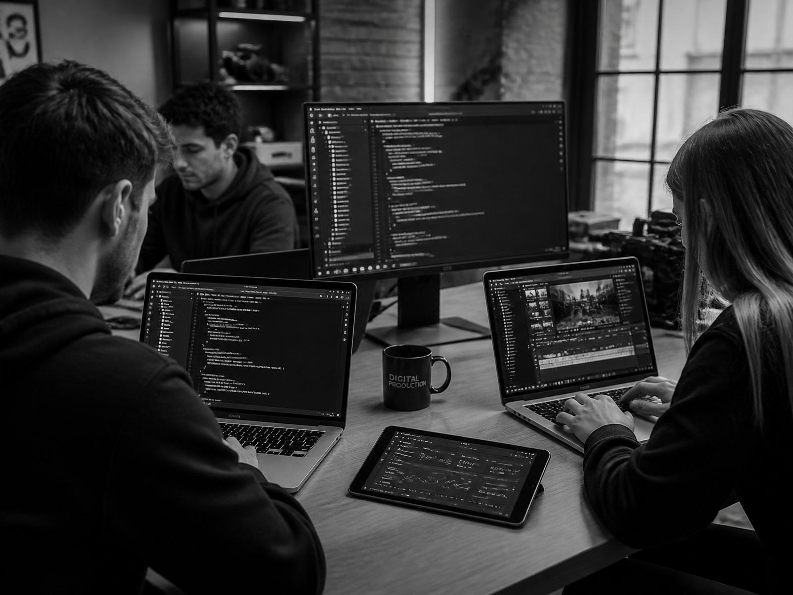 Multi-screen studio workspace — VS Code, Figma and video editing at Calibr
